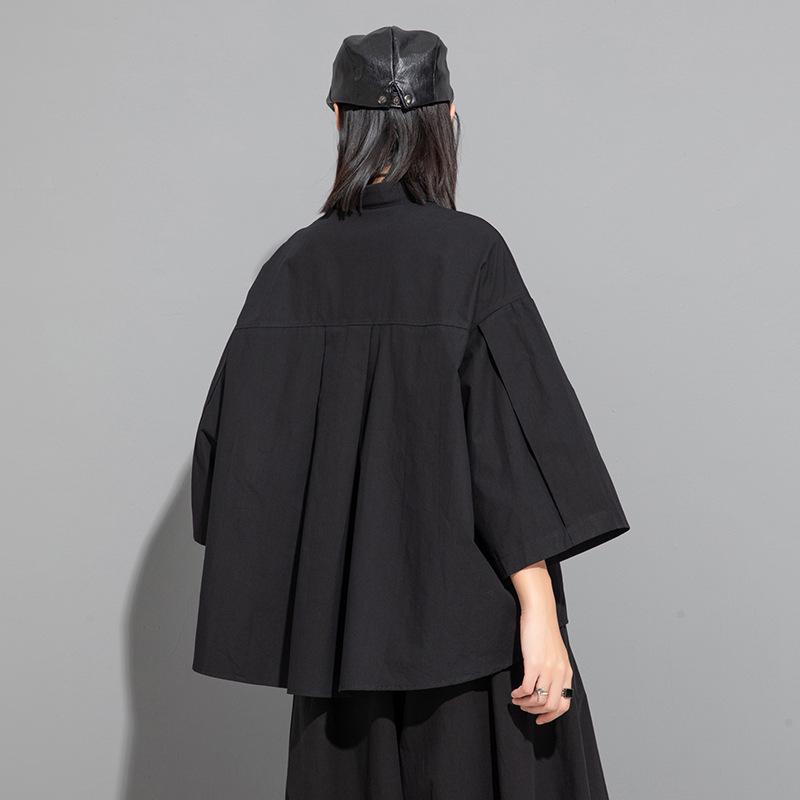 Women's Dark Chinese Style Irregular Mid-Sleeve Loose Top