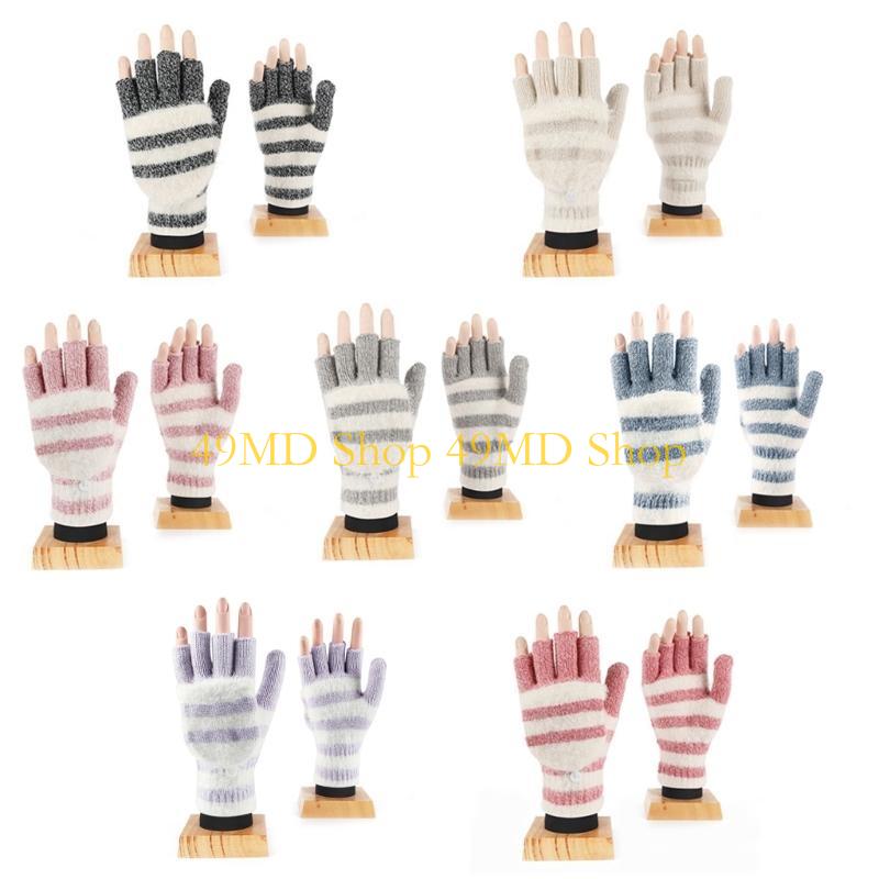 49MD Knitted Fingerless Gloves Winter Striped Gloves Cartoon Mitten with Top