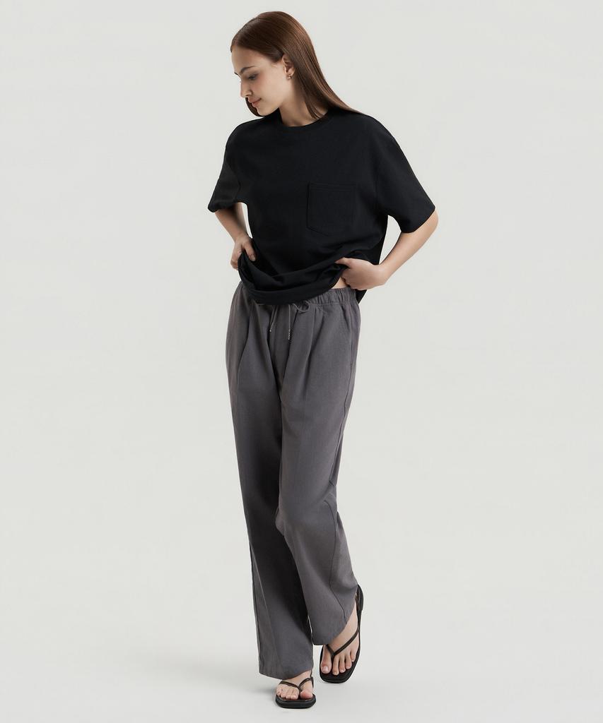 Delma W Linen Touch Semi-Wide Elastic Waist Pants - Charcoal