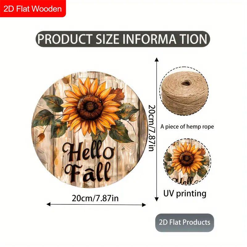 Hello Fall Sunflower Round Wooden Hanging Sign, Autumn Door Wall Decor