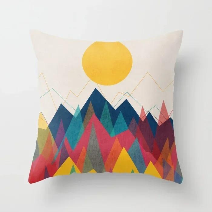 Colorful Geometric Landscape Pillowcase Sun and Moon Mountain Pattern Cushion Modern Art Style Sofa Decoration Pillow