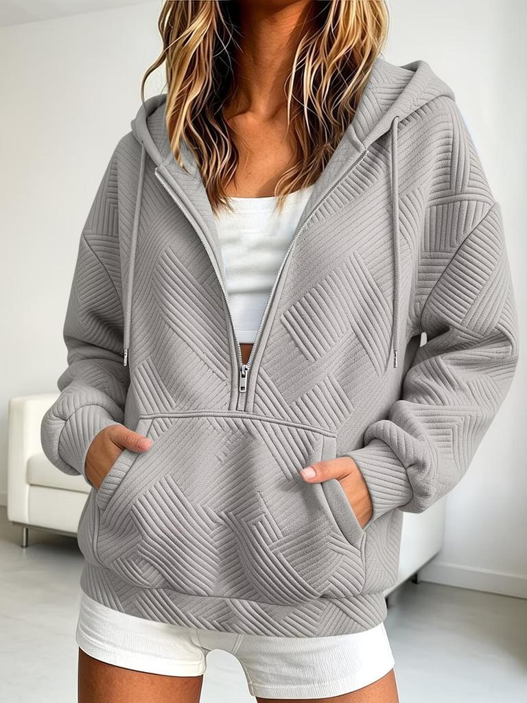 European and American Jacquard Zip-Up Hooded Cardigan with Drawstring Pockets