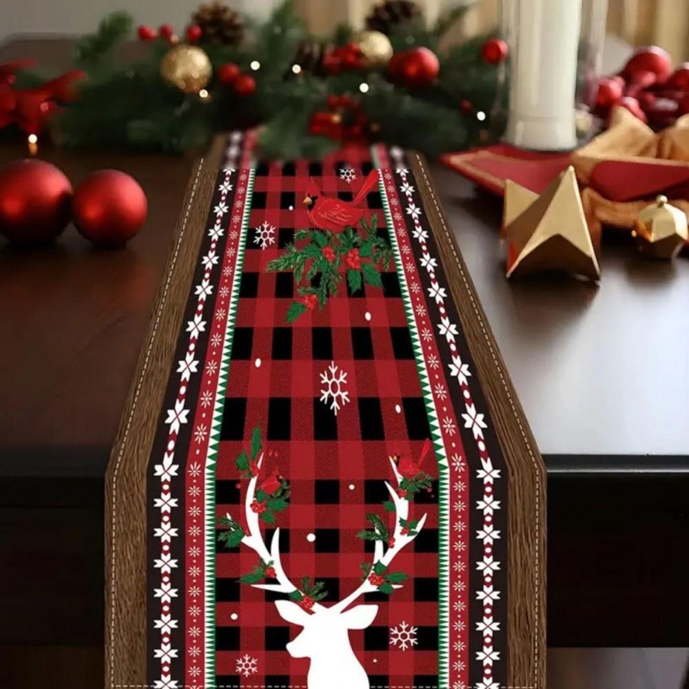 Poinsettia Flower Pattern Christmas Table Runner Long Length Rectangular Shape Table Decor Cloth Linen Material