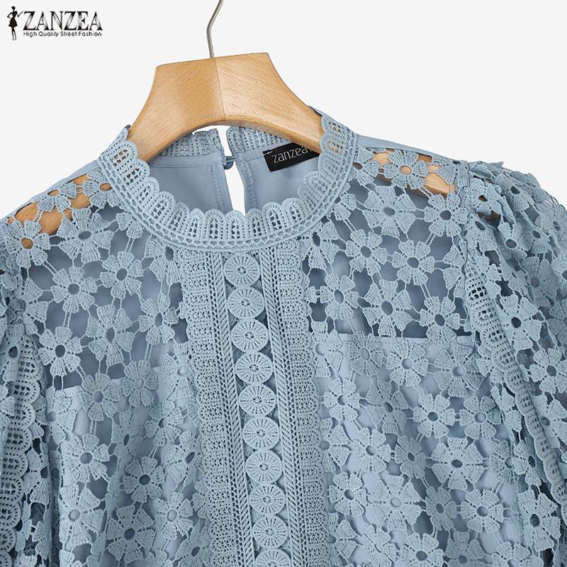 ZANZEA Womens Casual 3/4 Sleeve Loose Patchwork Lace Blouse