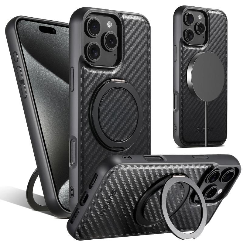 360 Rotating Bracket Carbon Fiber Leather Case For iPhone 17 Air 17Pro Max 16 Plus 15 14 Pro Magnet Wireless Charging Cover