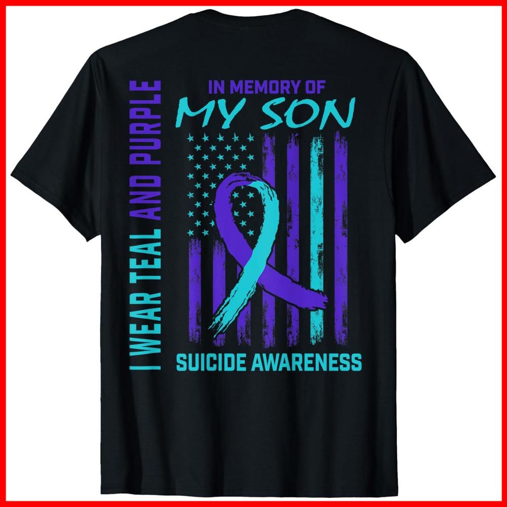 Teal Purple Ribbon Suicide Awareness USA Flag Son Back Print Black T-Shirt Unisex T-Shirt XXXXL