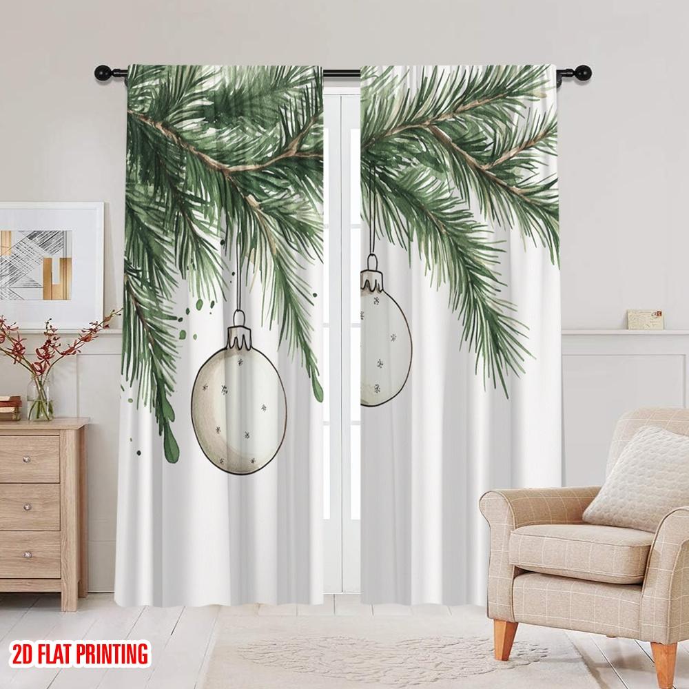 2pcs,2D Plane Printing Print Curtains Christmas Ornaments Fir Branch Watercolor (3) Versatile 100% Polyester (without Rod)