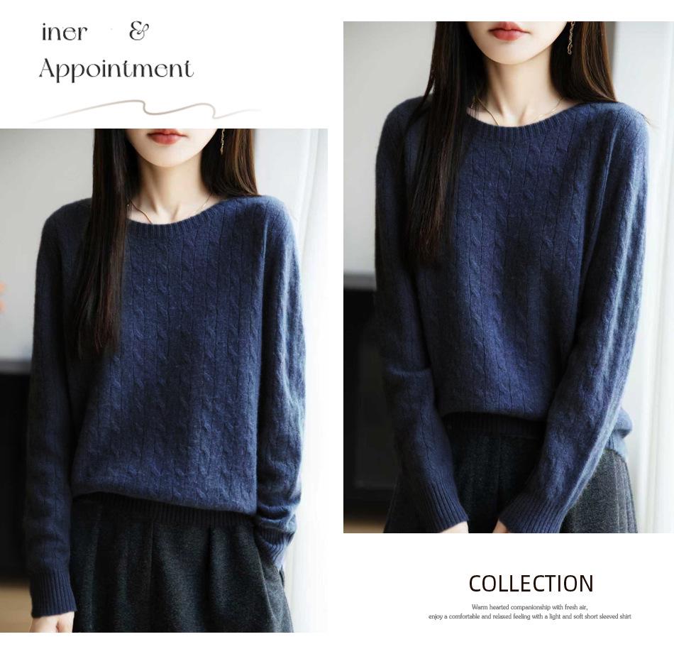 Damen Lässiger Locker Gestrickter Pullover mit Rundhalsausschnitt und Langen Ärmeln