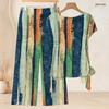 Women Plus Size Two Piece Pants Set Round Neck Short Sleeve Striped Printed Knot Hem Top Long Pants