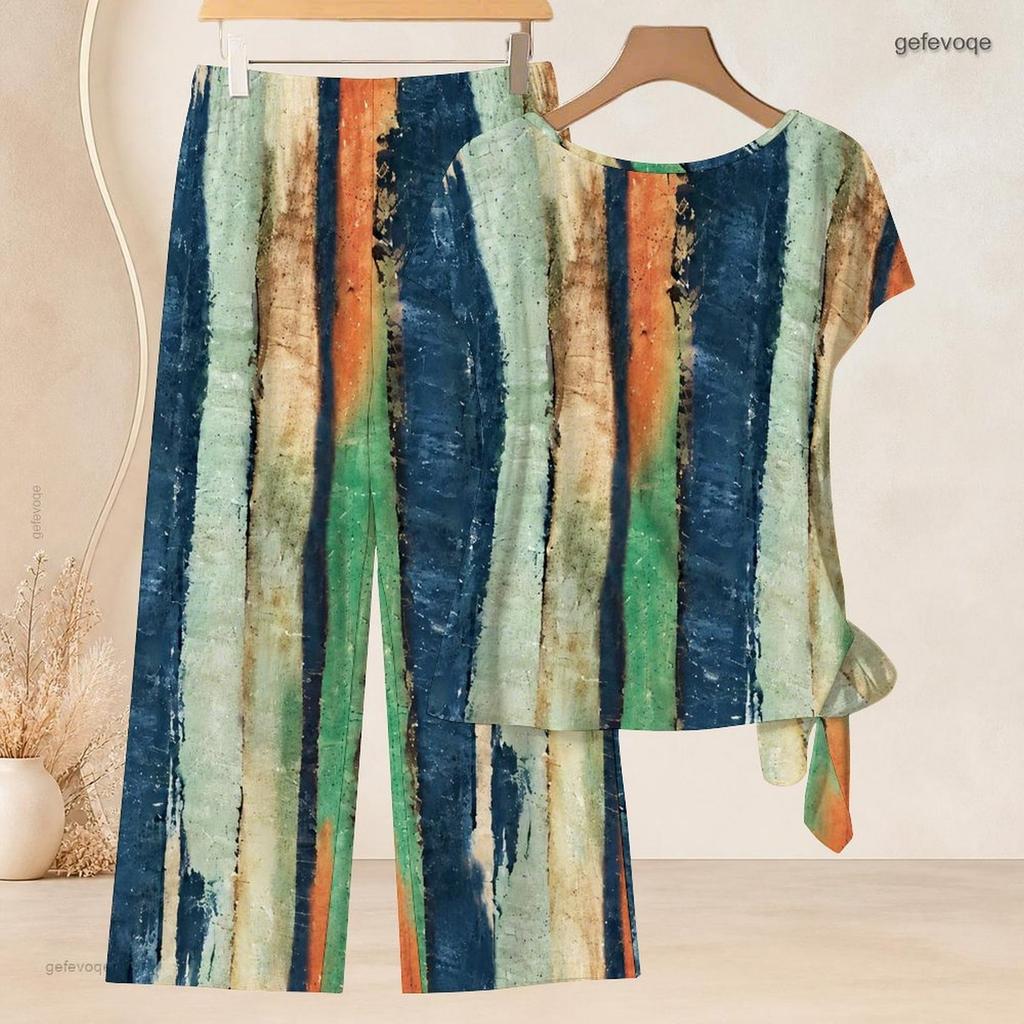 Women Plus Size Two Piece Pants Set Round Neck Short Sleeve Striped Printed Knot Hem Top Long Pants