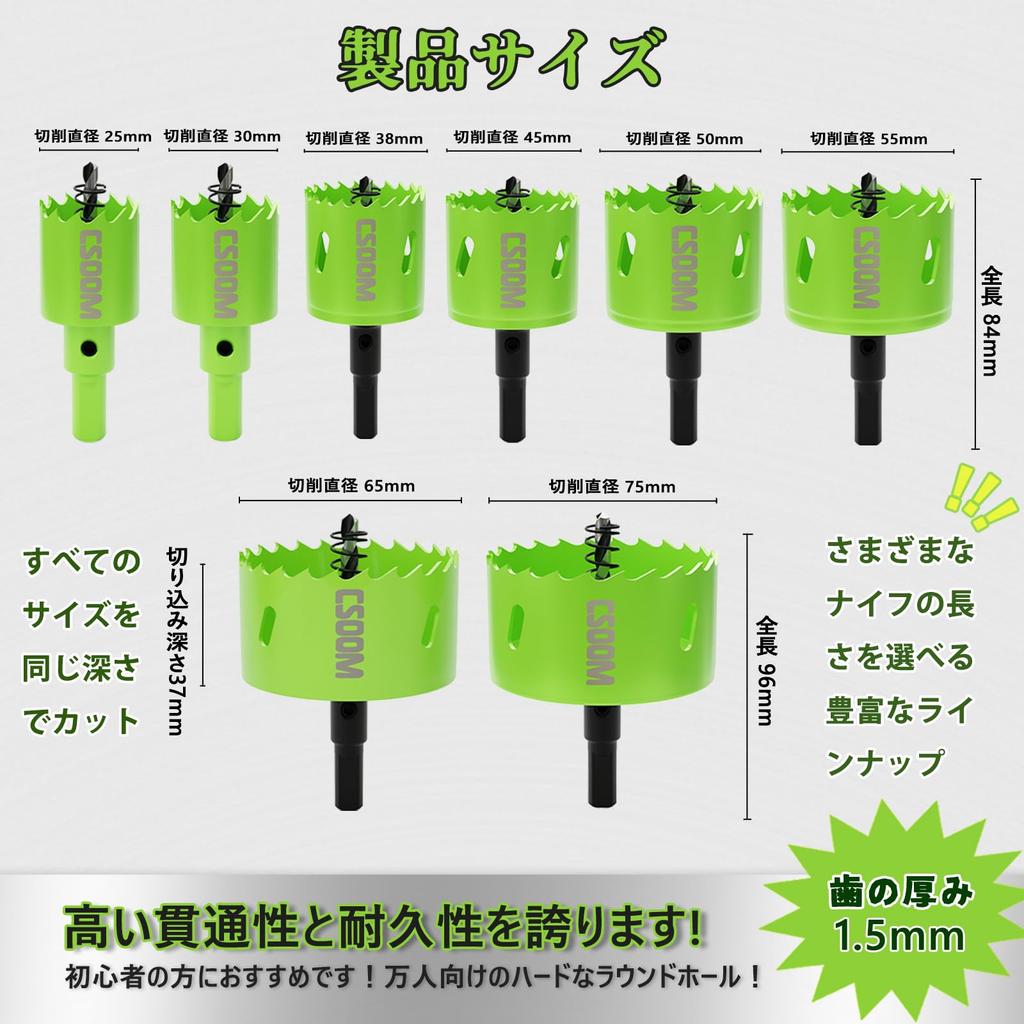 The CSOOM 8-piece hole saw set comes in sizes ranging from 25mm to 75mm and is ideal for wood, thin PVC, drywall, plastic, and more.