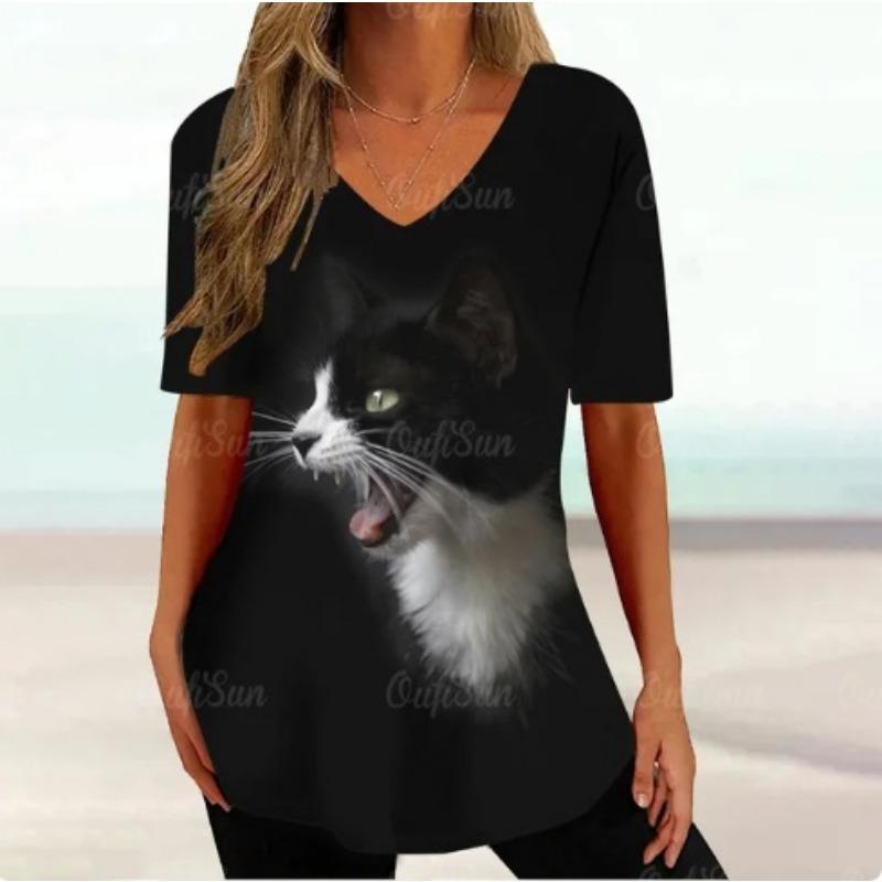 Summer V-neck 3D Cartoon Cat Printed Top Fashionable Casual Short Sleeved Women's T-shirts