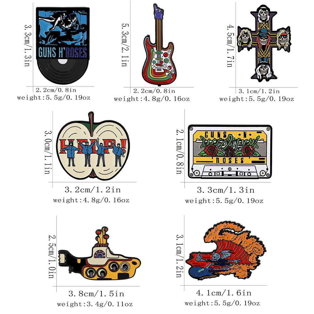 7Styles Hip Hop Gun Roses Theme Enamel Brooches Skull Cross Guitar Tape Shaped Music Pins
