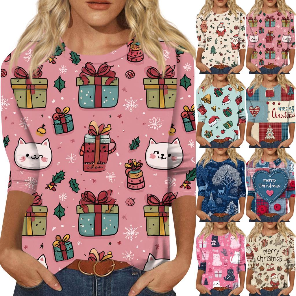 Women's Fashion Casual Round Neck Three-quarter Sleeve Christmas Print T-shirt Top