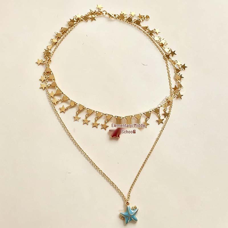 Double Layer Star Necklace: Women's Summer Clavicle Chain with Red and Blue Five-Pointed Stars