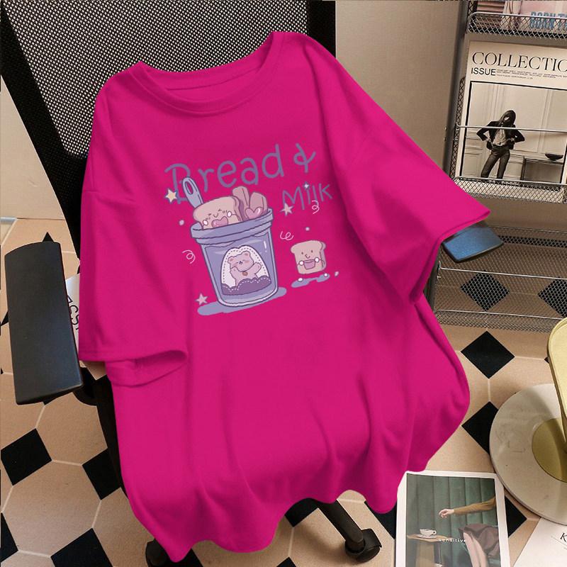 Japanese Cute Plus Size Purple Printed Cotton T-Shirt for Women - Loose, Short Sleeve, Summer Style