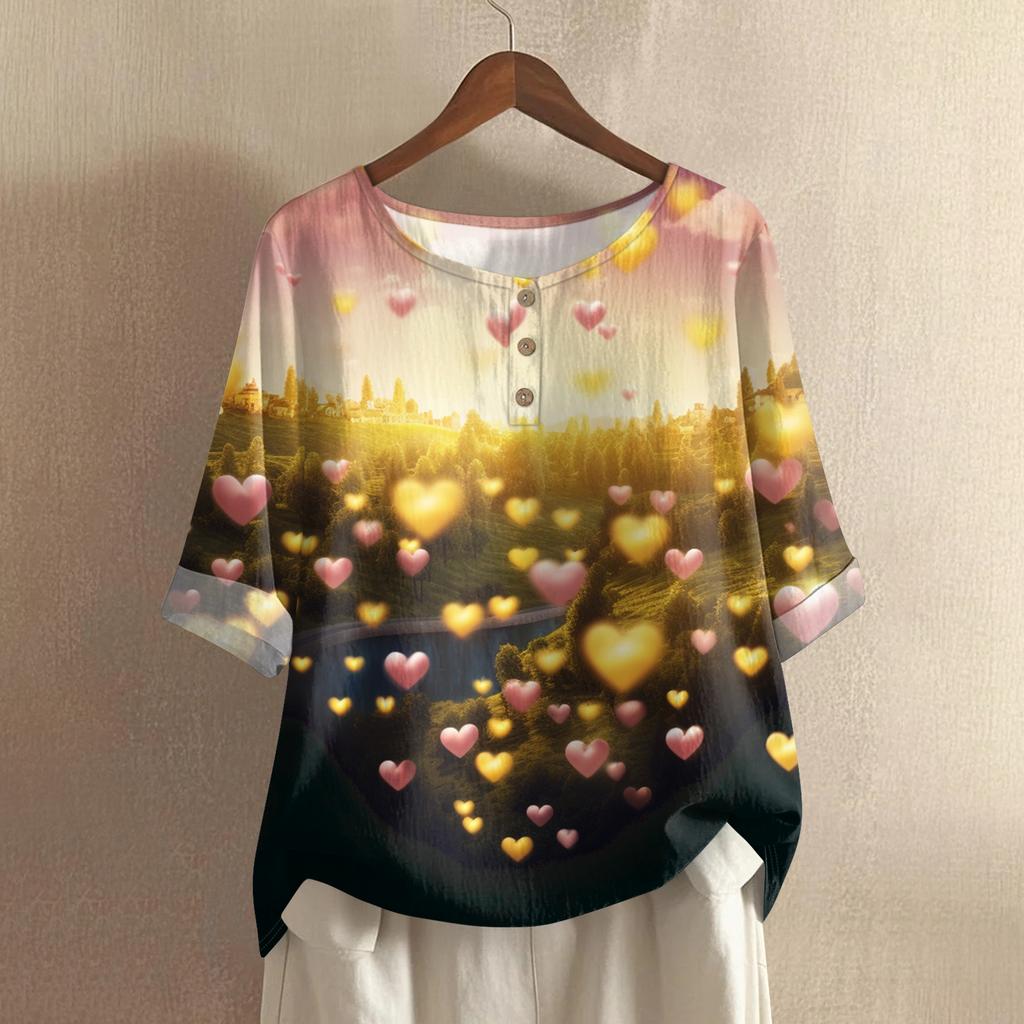 Damska casualowa i wygodna bawełniano-lniana bluzka z okrągłym dekoltem, średniej długości, z modnym nadrukiem