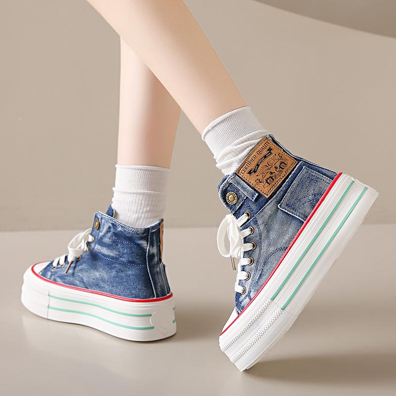 Jesienne Damskie Botki do Kostki 6cm Platforma Sneakersy Denim Buty Sportowe Skateboard Grube Damskie Casualowe Do Chodzenia Tenisówki 35-40