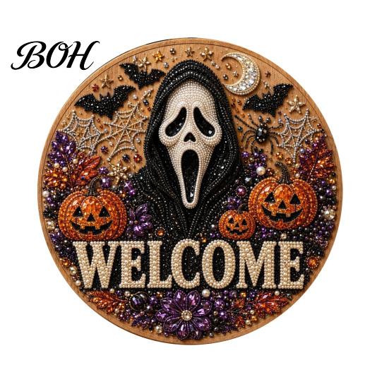 Beginner Friendly Door Sign Kit Halloween Faux Pearl Kit, Ghost Skull Skeleton Cat Welcome Decorative Painting Crafts Handmade Arts for Wall