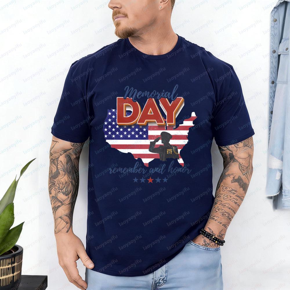 Memorial Day TShirt Remember and Honor Salute Soldier Patriotic Casual Cotton Tee Festival Vintage Trend Classic Mens Clothing