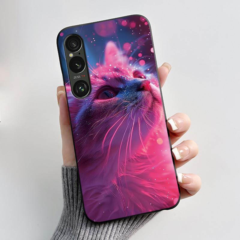 For Sony Xperia 1 VI VII Case Aesthetic Cute Cat Astronaut Soft Silicone Black TPU Back Cover Slim thin Shockproof Shell Fundas