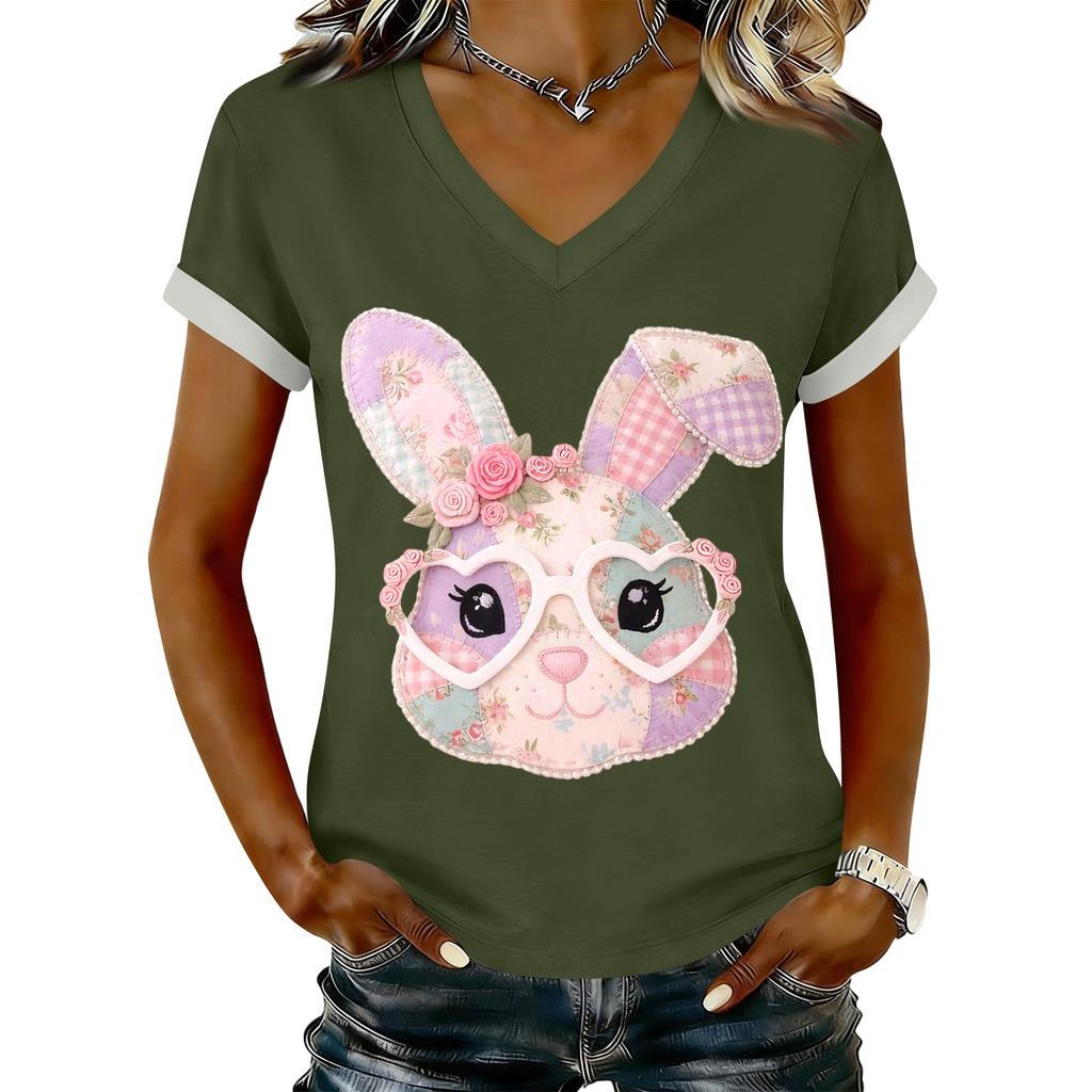 Women's Casual Printed T-Shirt V Neck Pullover Short Sleeve Top