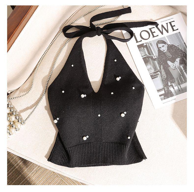 French Beaded Halter Camisole: Slim-Fit, Off-Shoulder, Knit Top for Women - Perfect Summer Wear