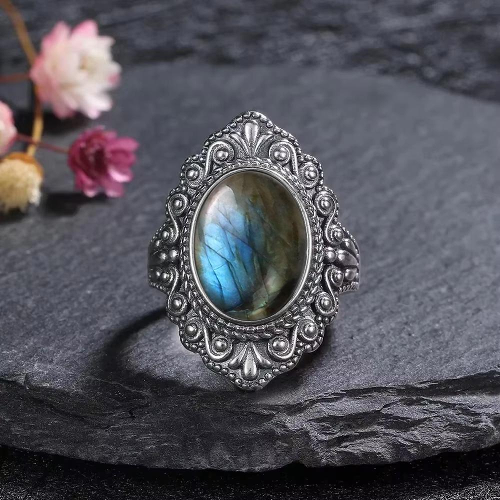 Vintage Silberring Oval Natürlicher Labradorit Ringe Fingerring Retro Schwarzer Onyx Feiner Schmuck Party Für Frauen Männer