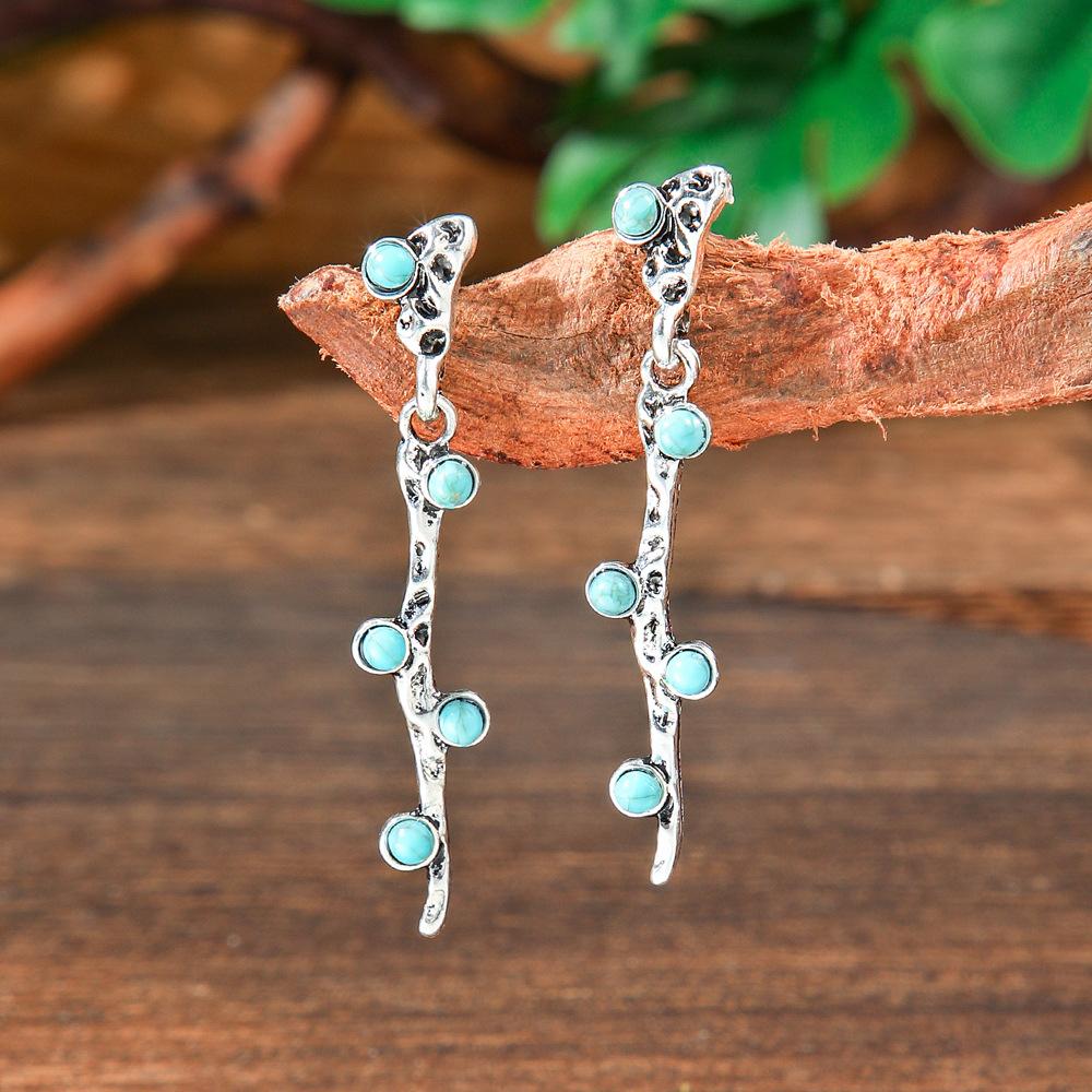 Vintage Earrings Silver Geometric Turquoise Drop Earrings Bohemian Dangle Jewelry for Women