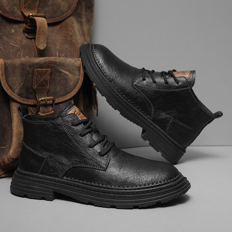 Non-slip Leather Men Ankle Boots Fashion Lace-up Sneakers Male Casual Solid Color Motocross Boots Classic Retro Style Men Botas