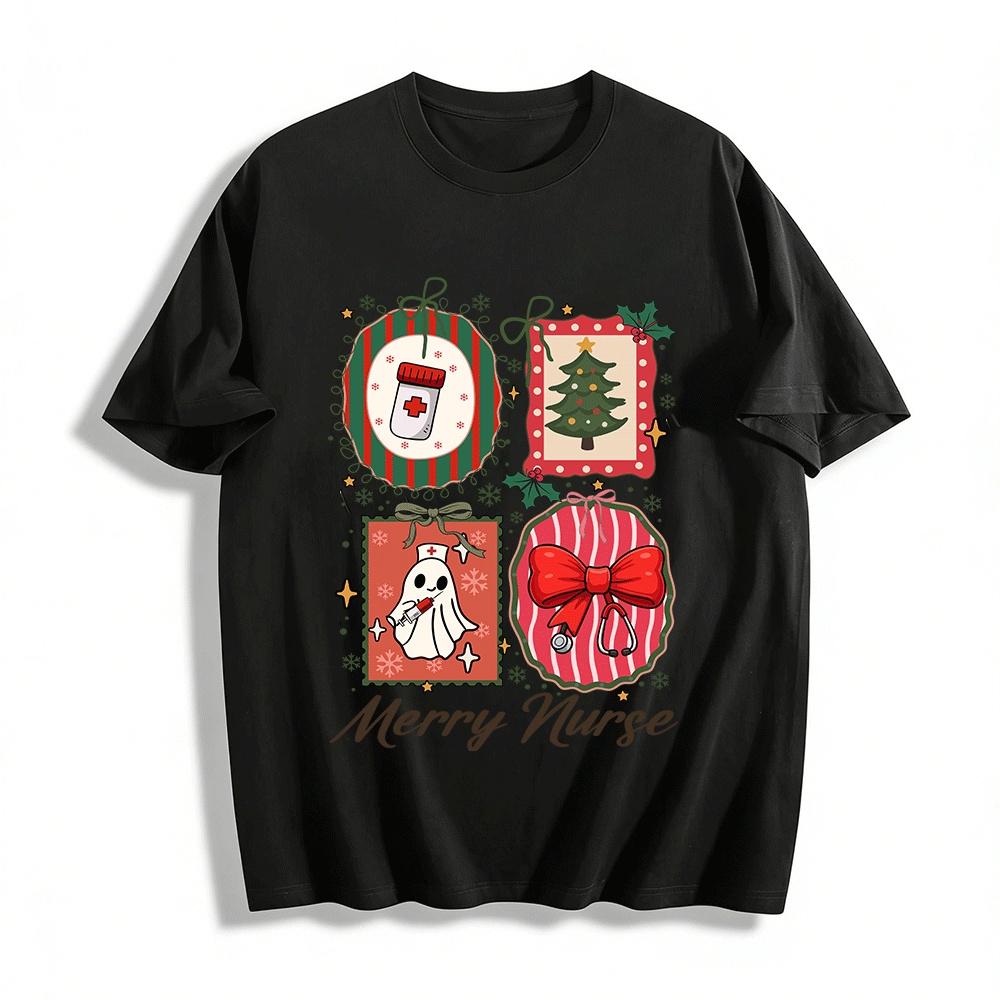 Merry Nurse Christmas Themed Nurse Print Casual Top Pure cotton T-shirt XXS