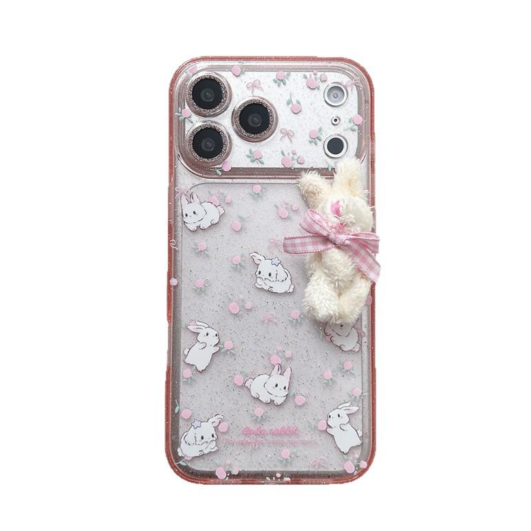 iPhone 17/16 Pro Max/15/14 Case - Glitter Flowers & Rabbits Design for Girls