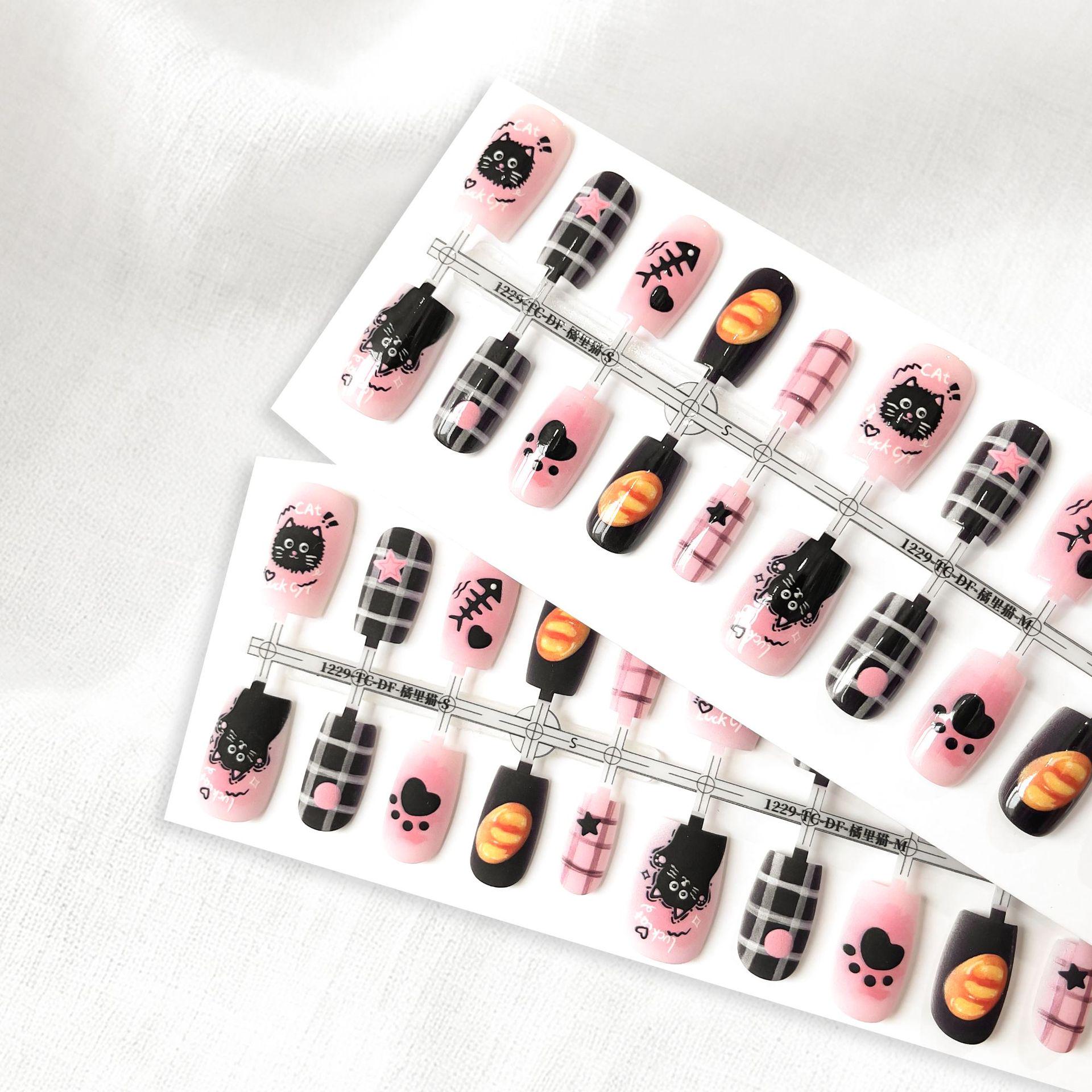 Wearable Dark Cartoon Cat Marbling Gradient Nail Stickers - Pre-made False Nail Tips Matte Finish (4 sets/SMSXS)