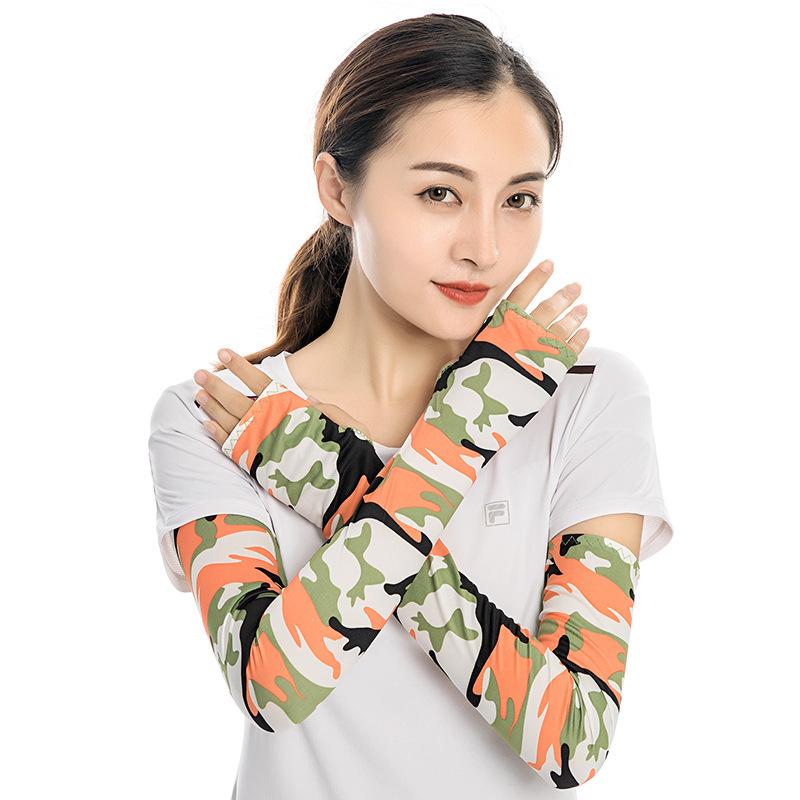 A pair Outdoor Sunscreen Ice Silk Arm Sleeves for Hiking, Cycling, Camouflage, Extra Large and Long Fingerless Arm Sleeves for Bicycles and Fishing