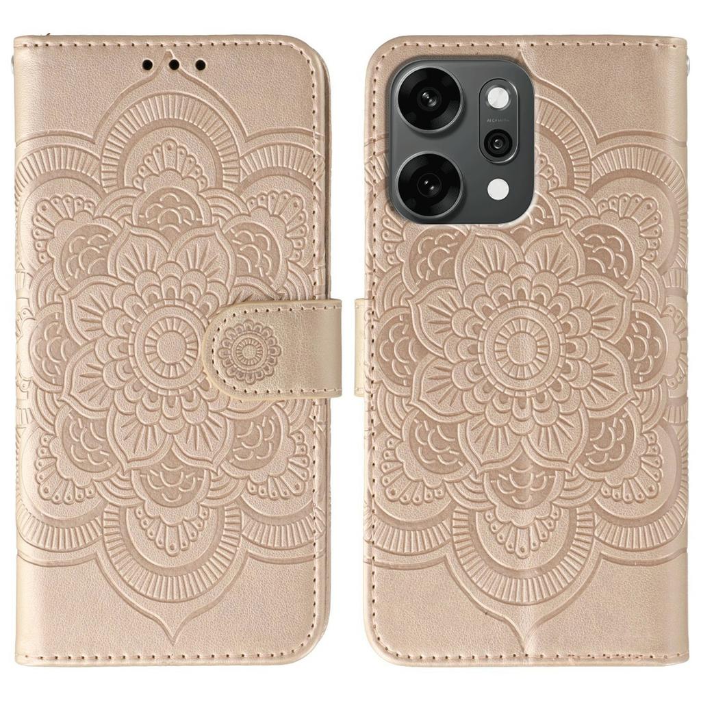 For Oppo Reno14 Pro 5G (Global) Case PU Leather Mandala Imprinted Design Wallet Phone Cover with Wrist Strap