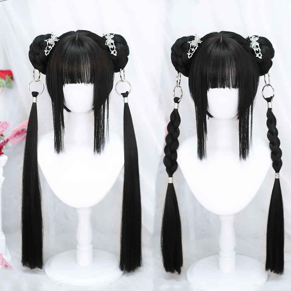 DIY Anime Synthetic Short Straight Green Wig Double Hair Loop Double Braid Ponytail Natural Short Straight Head Cover Wig For Women