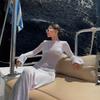 LYRIA Fashion Women Wrapped Dress Long Sleeve Round Neck See Through Sunscreen Solid Color Backless Beach Long Dress Summer Cover Up