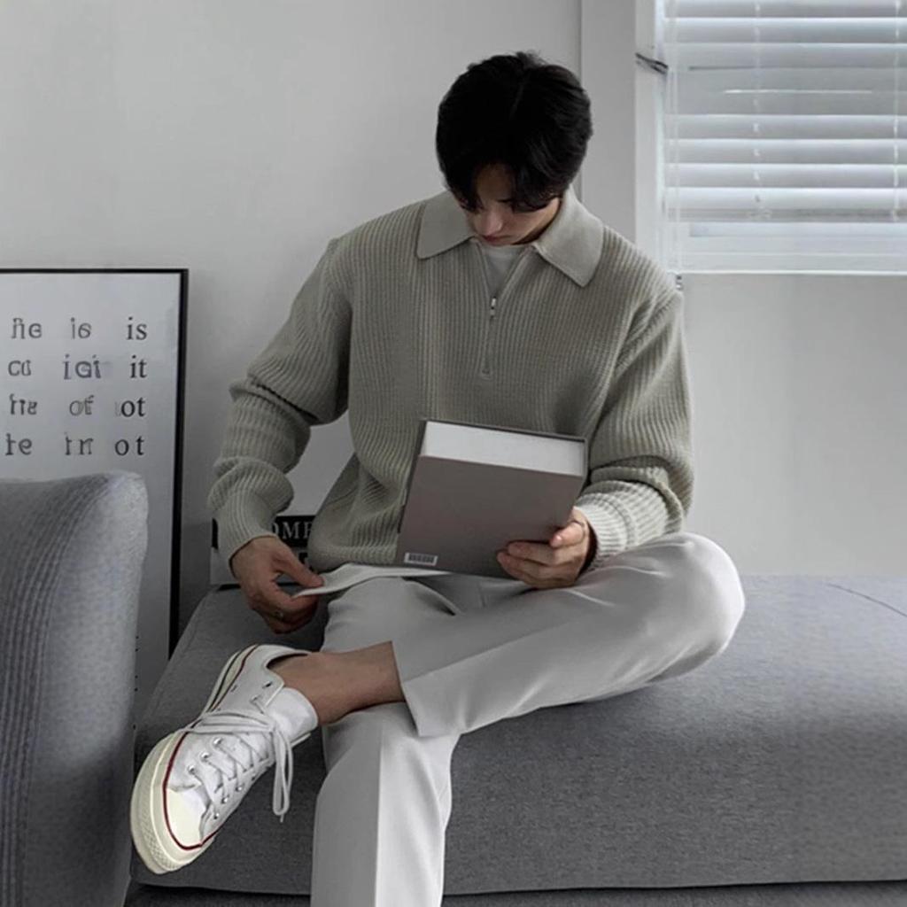 Men's Retro Half-Zip Lapel Sweater - Autumn/Winter Casual Korean Style