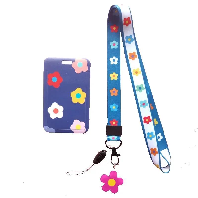 Fashion Flower Women Card Protector Cover Case Card Holder Neck Strap with Lanyard Badge Holder Work ID Card Bus ID Card Holder
