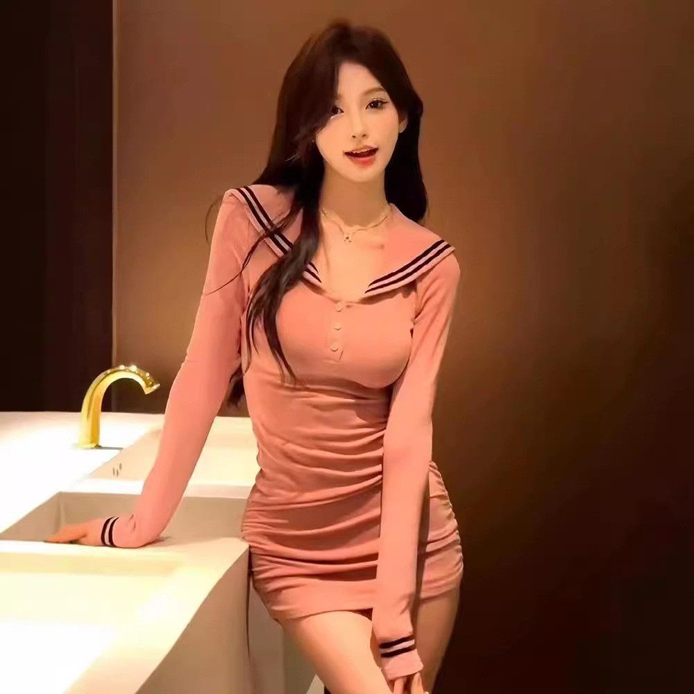 Pure Desire Sexy Navy Collar Long-sleeved Dress Women's Early Spring New Waist and Thin Bottom Hip Skirt