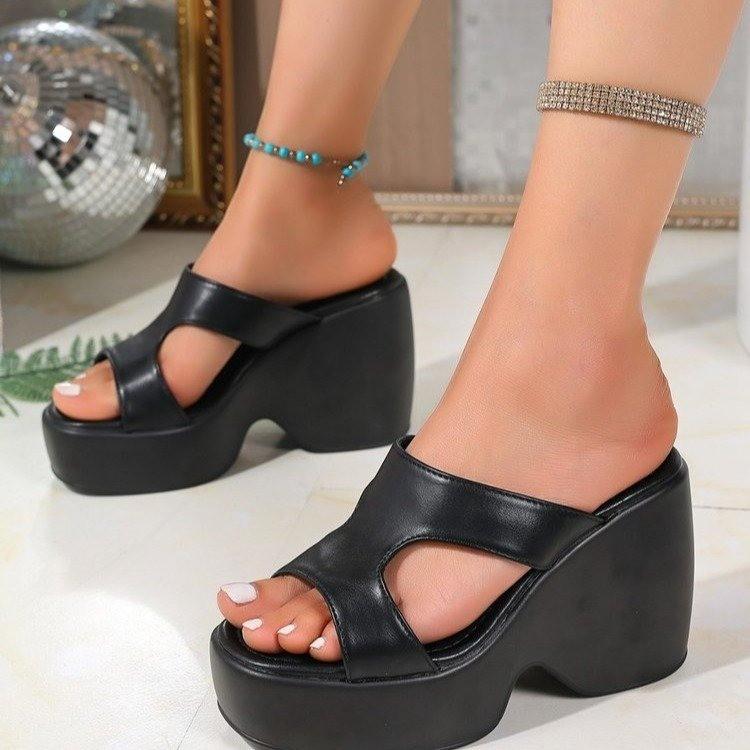 Sexy Black Pu Chunky Platform Super High Heel Slides Women 2025 Summer Wedge Heel Slippers Casual Square Toe Beach Sandals