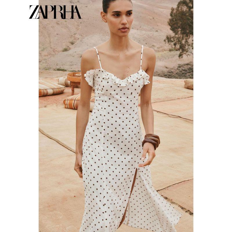 Zaprha 2025 Summer New French Style Holiday Wind Polka Dot Bow V-neck Midi Dress 3730510