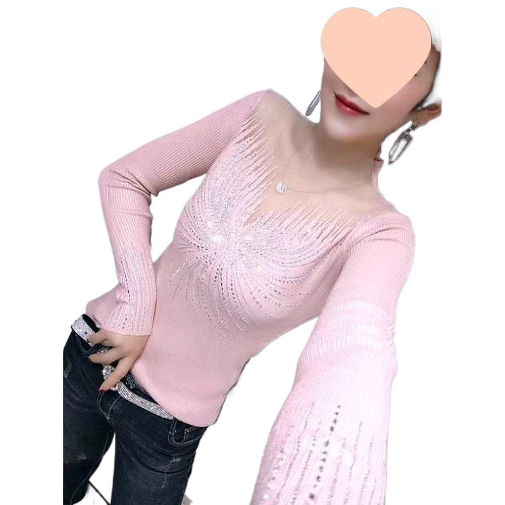 Elegant Rhinestone Mesh Sweater - Women's Long-Sleeve Versatile Chic Top