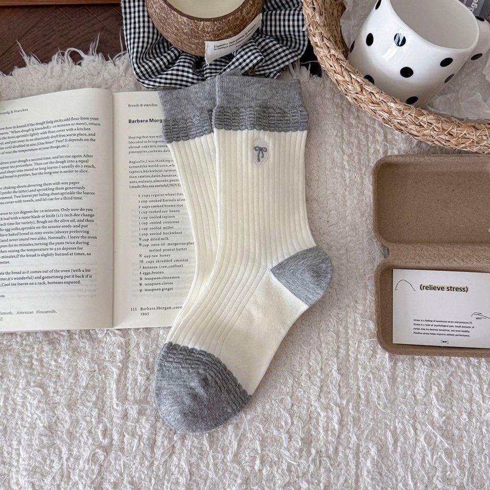 

Женские весенние хлопковые носки с вышивкой в виде банта: До середины икры, Цветные блоки, С оборками, Милый японский стиль, Бесшовный. One Size