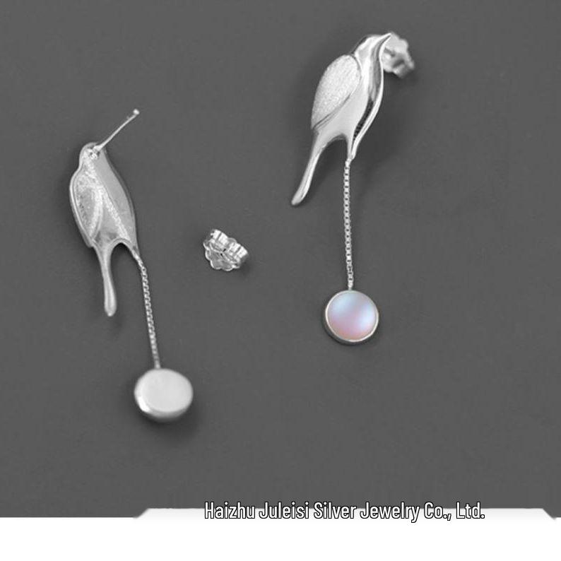 Elegant 925 Sterling Silver Bird Earrings with Iridescent Glass Beads - Hypoallergenic Chinese Ancient Style