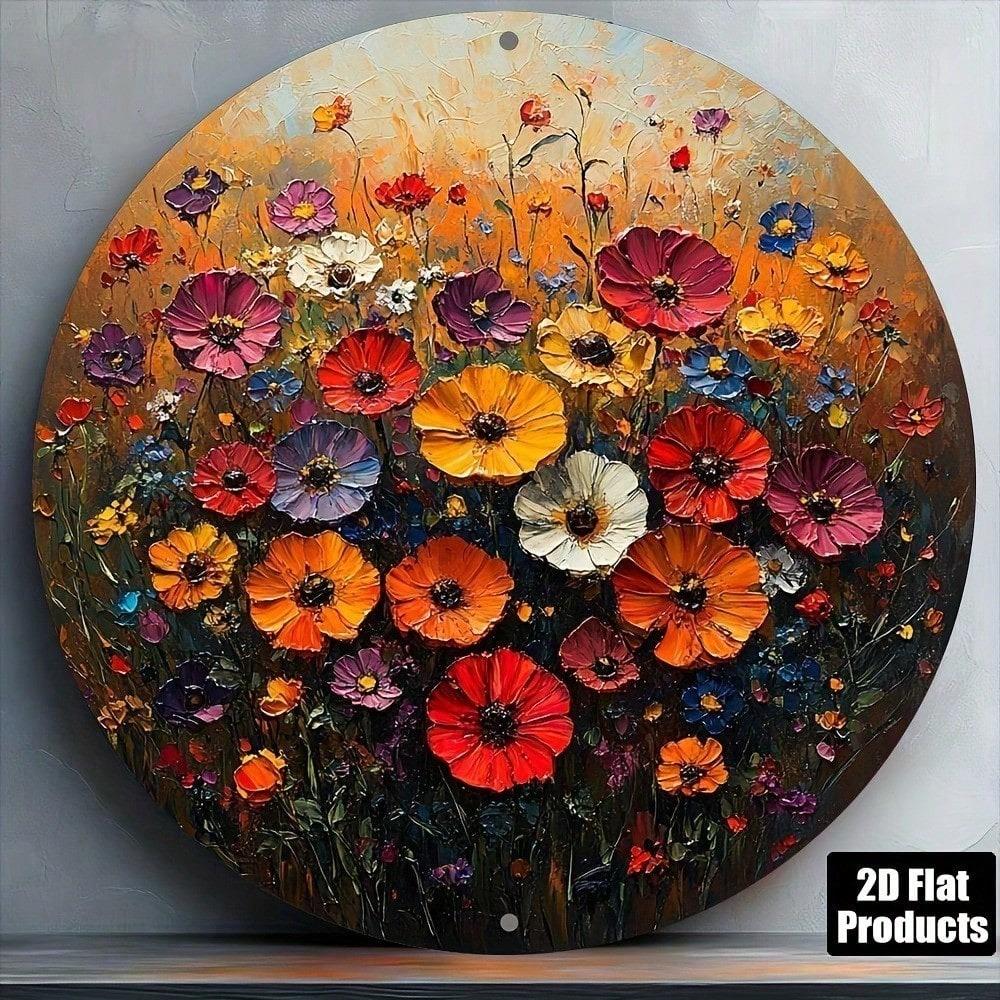 3D Metal Wildflower Wall Art 8x8 Inch Round Aluminum Sign 2D Floral Plaque for Home Kitchen Decor Cafe Office