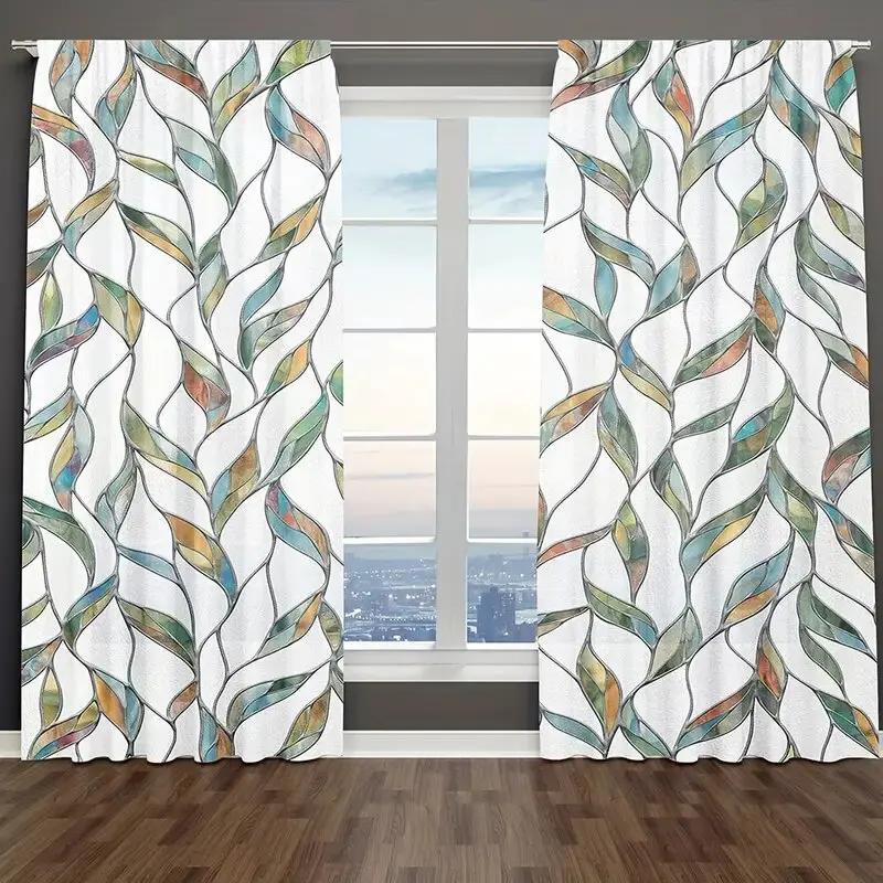 Set Of 2 Colored Imitation Glass Leaf Pattern Printed Curtains Window Decoration Home Room Curtain Polyester