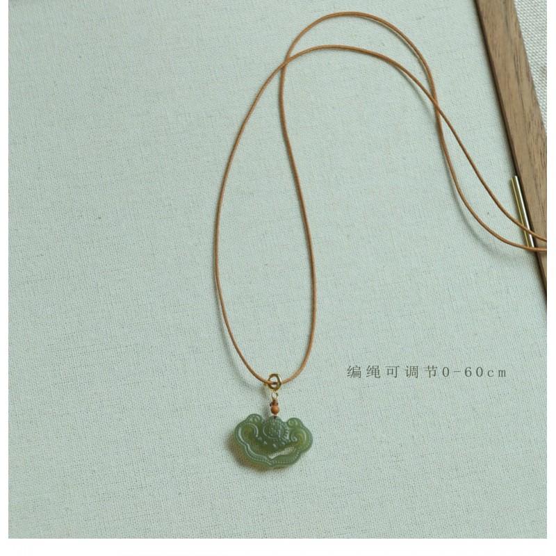Natural Hetian Jade Lucky Lock Pendant Necklace Women Men Hand Carved Cloud Ruyi Motif Wax Cord Chain Daily Wear