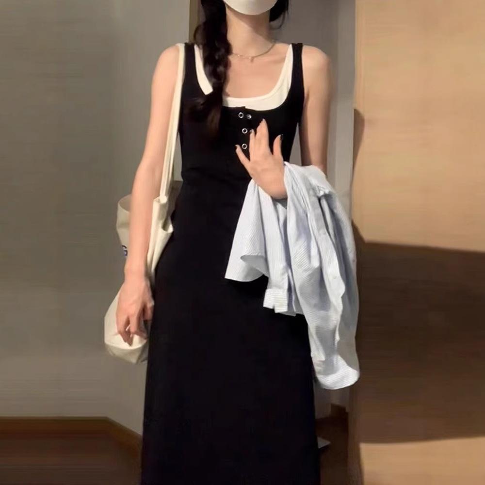 Fake two-piece black suspender dress children's summer 2026 new pear-shaped figure French temperament vest long dress
