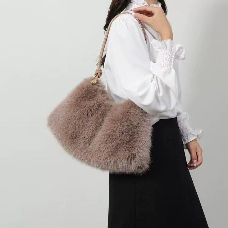 Fluffy Faux Fur Shoulder Bag Women Soft Elegant Underarm Bag Thin Shoulder Strap Plush Handbag Winter Versatile Commuter Totebag
